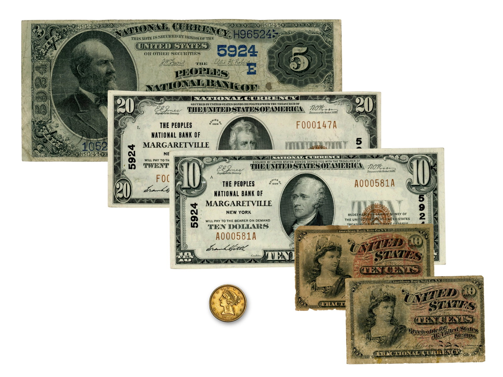 Estate Coin & Currency: Estate Coin & Currency Collection including $1900 $5 Gold Coin, Fr. 477 $5 National Currency from the Peoples National Bank of Margaretville, Fr. 1801 $10 from the Peoples National Bank of