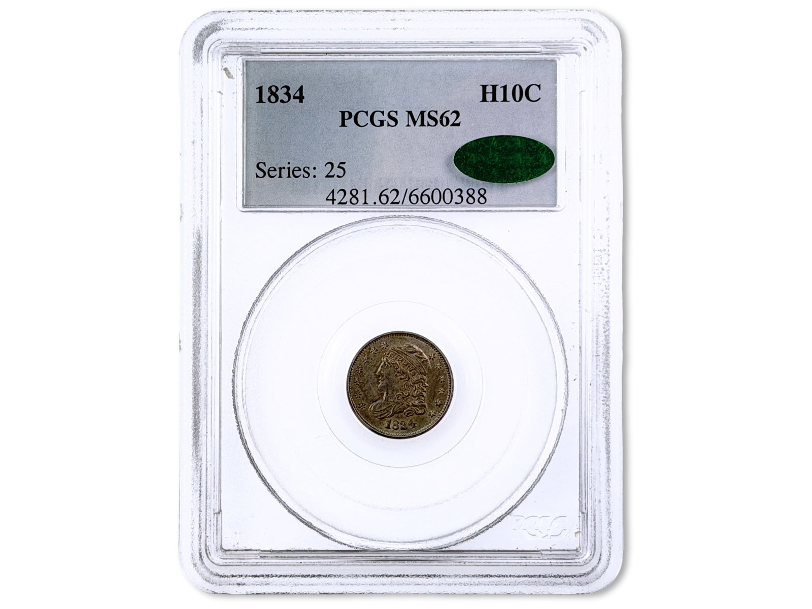 1834 H10C Graded PCGS MS62 CAC: 1834 Capped Bust half dime graded PCGS MS62 with CAC green sticker. PCGS certification #6600388. Shipping: Weiss Auctions offers full-service, in-house shipping for nearly all items in this auction.