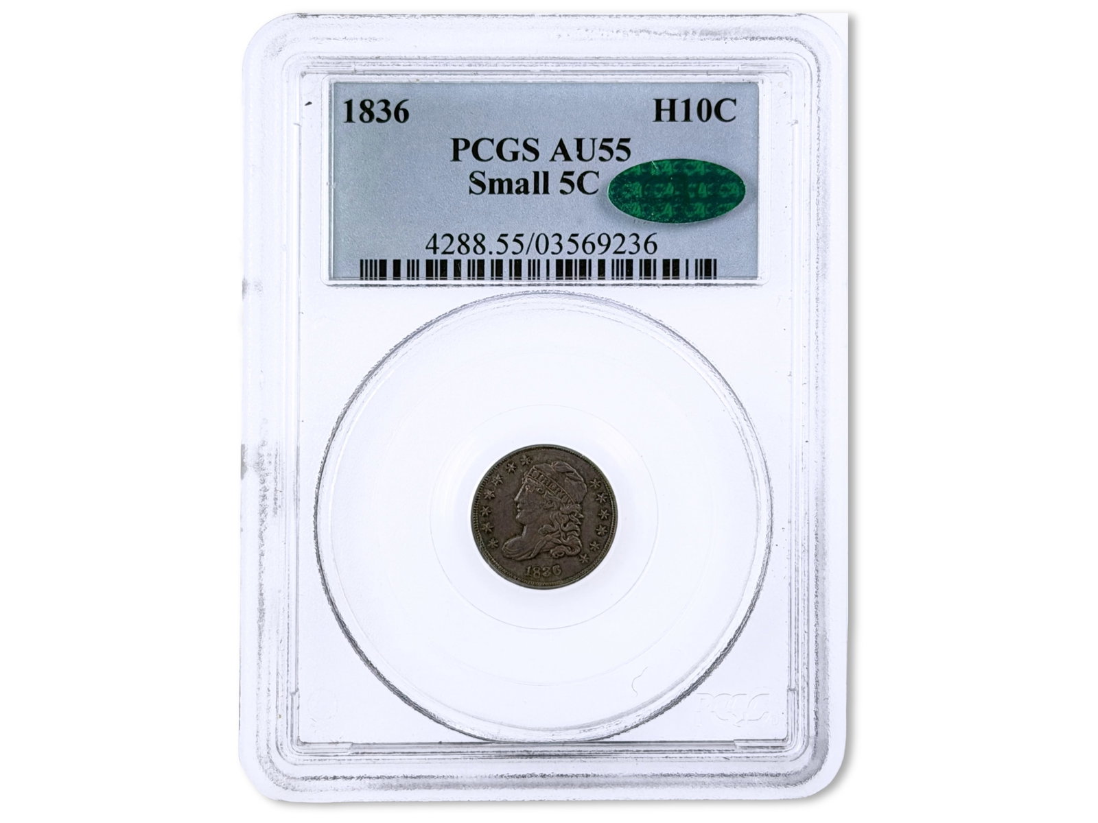 1836 H10C Small 5C Graded PCGS AU55 CAC: 1836 Capped Bust half dime, Small 5C variety, graded PCGS AU55 with CAC green sticker. PCGS certification #03569236. Shipping: Weiss Auctions offers full-service, in-house shipping for nearly all