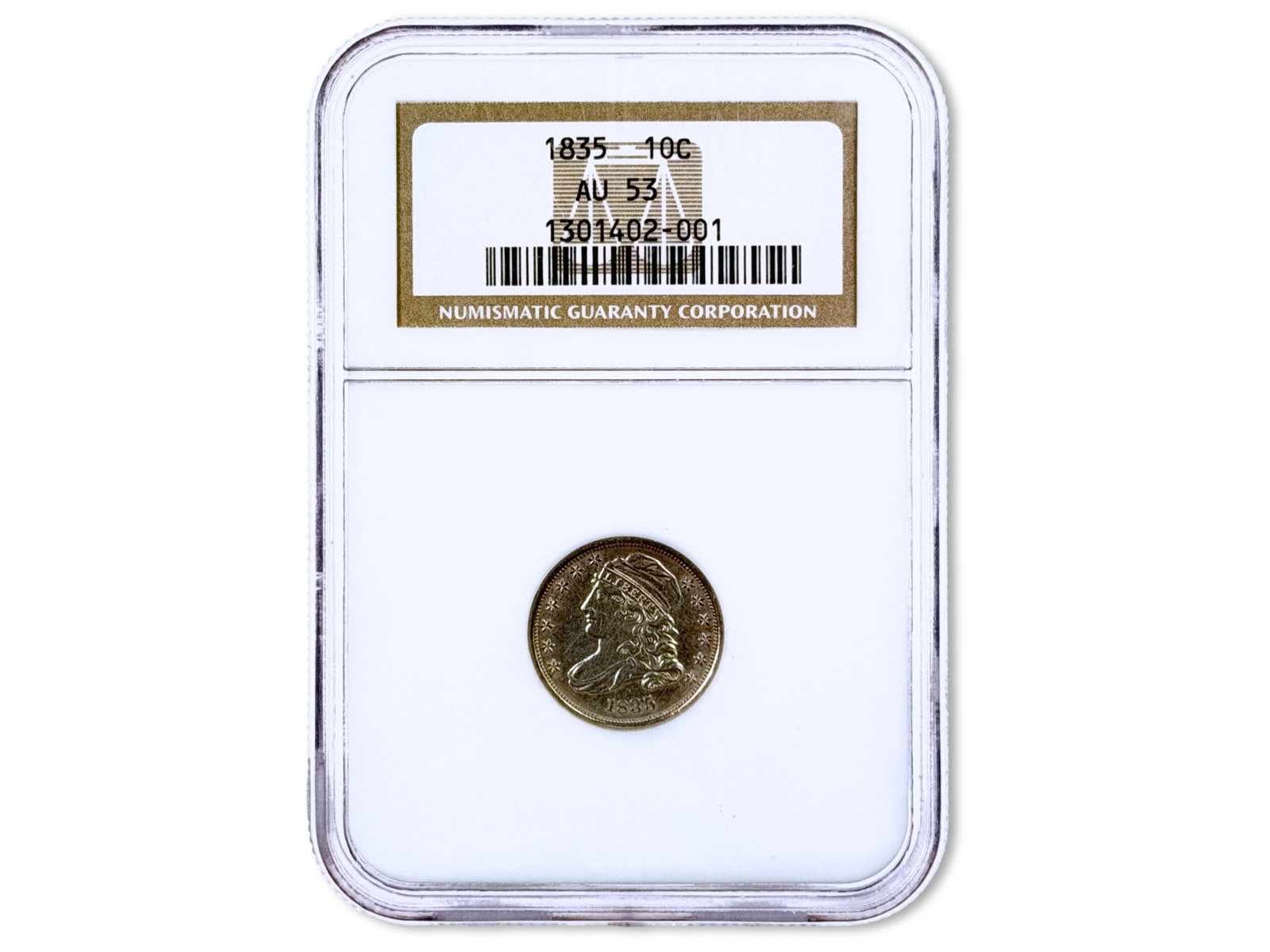 1835 10C Graded NGC AU53: 1835 Capped Bust dime graded NGC AU53. NGC certification #1301402-001. Shipping: Weiss Auctions offers full-service, in-house shipping for nearly all items in this auction. For a shipping quote, pleas