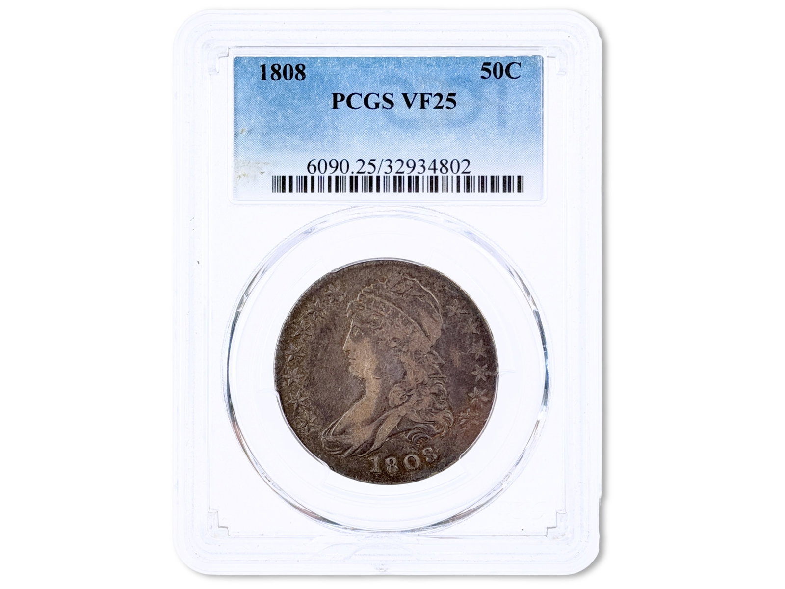 1808 Capped Bust Half Dollar PCGS VF25: 1808 Capped Bust half dollar graded PCGS VF25. PCGS certification #32934802. Shipping: Weiss Auctions offers full-service, in-house shipping for nearly all items in this auction. For a shipping quote,