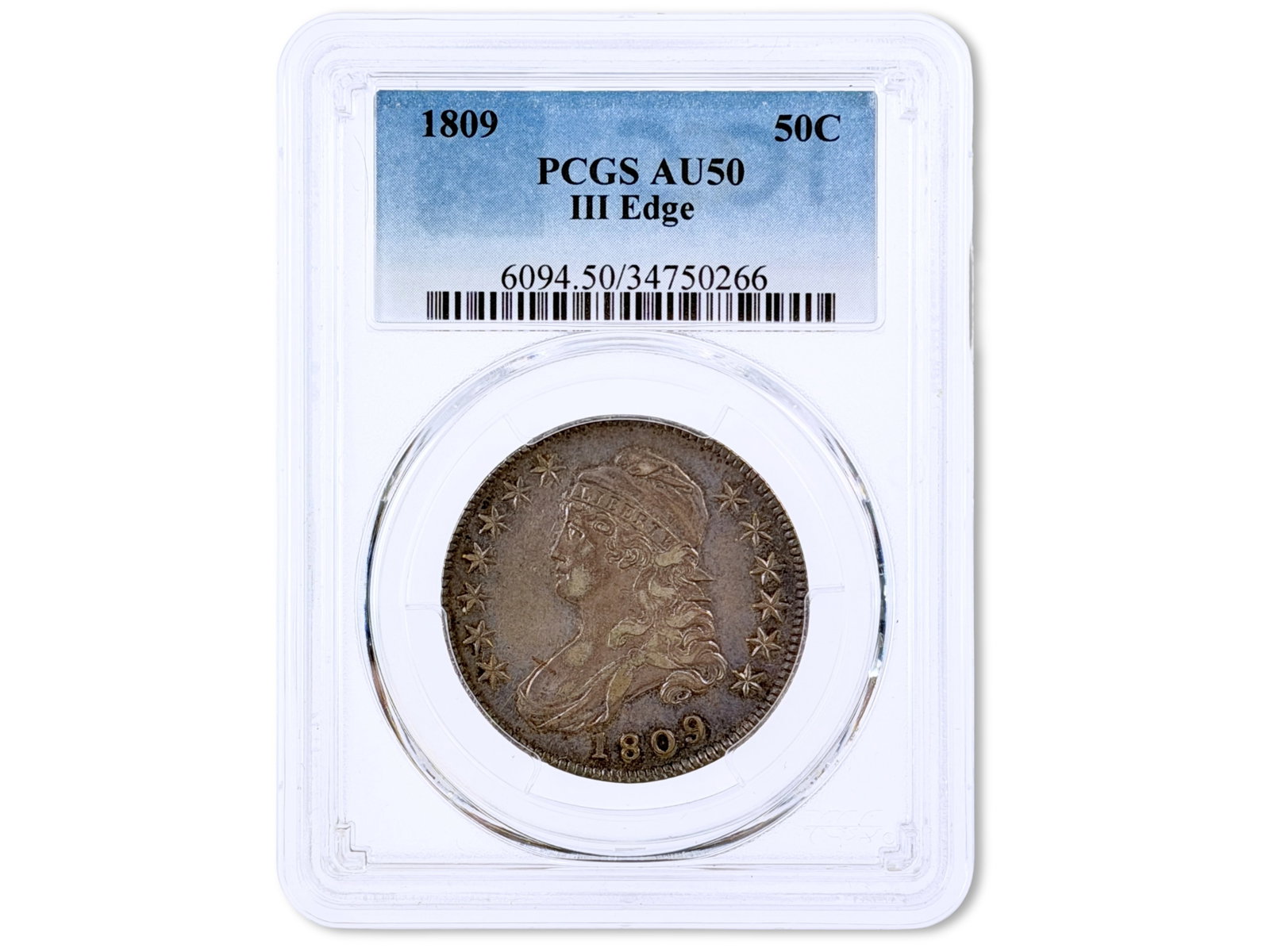 1809 III Edge 50C Graded PCGS AU50: 1809 Capped Bust half dollar, III Edge variety, graded PCGS AU50. PCGS certification #34750266. Shipping: Weiss Auctions offers full-service, in-house shipping for nearly all items in this auction.