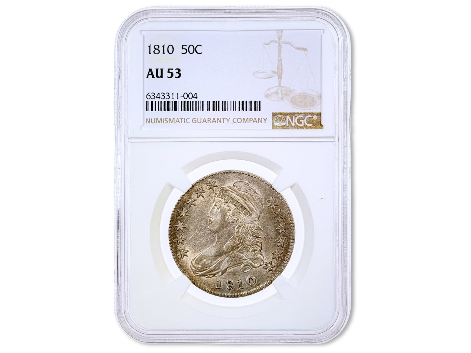 1810 Capped Bust Half Dollar NGC AU53: 1810 Capped Bust half dollar graded NGC AU53. NGC certification #6343311-004. Shipping: Weiss Auctions offers full-service, in-house shipping for nearly all items in this auction. For a shipping quote