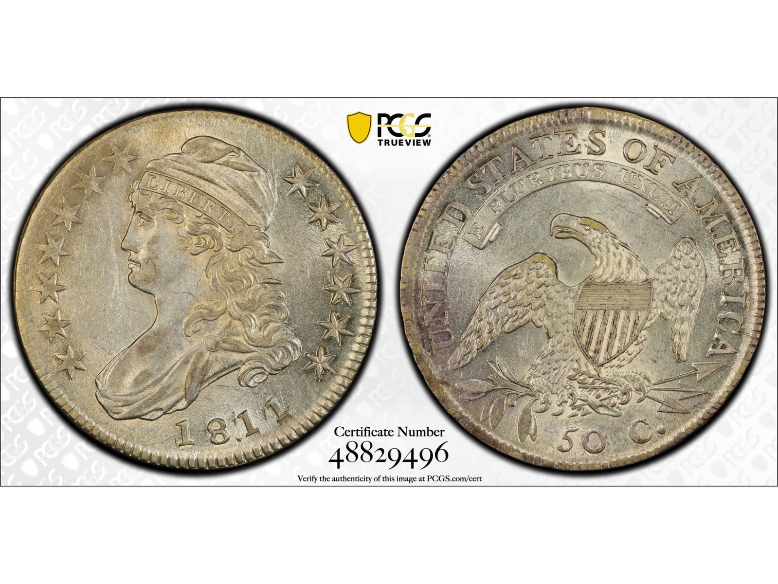 1811/10 Overdate 50C PCGS AU55: 1811/10 Overdate Capped Bust half dollar graded PCGS AU55. PCGS certification #48829496. Shipping: Weiss Auctions offers full-service, in-house shipping for nearly all items in this auction. For a shi