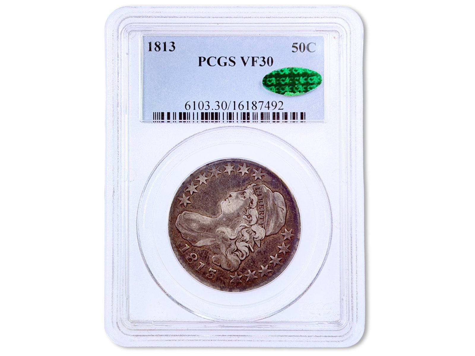 1813 Capped Bust Half Dollar PCGS VF30: 1813 Capped Bust half dollar graded PCGS VF30 with CAC green sticker. PCGS certification #16187492. Shipping: Weiss Auctions offers full-service, in-house shipping for nearly all items in this auction