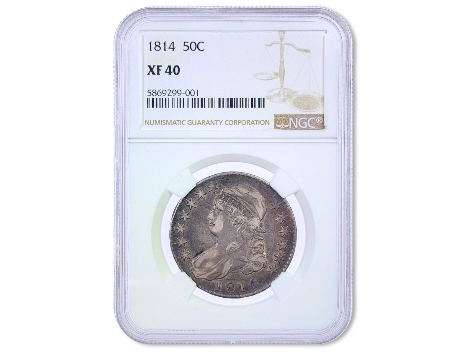 1814 Capped Bust Half Dollar NGC XF40: 1814 Capped Bust half dollar graded NGC XF40. NGC certification #5869299-001. Shipping: Weiss Auctions offers full-service, in-house shipping for nearly all items in this auction. For a shipping quote