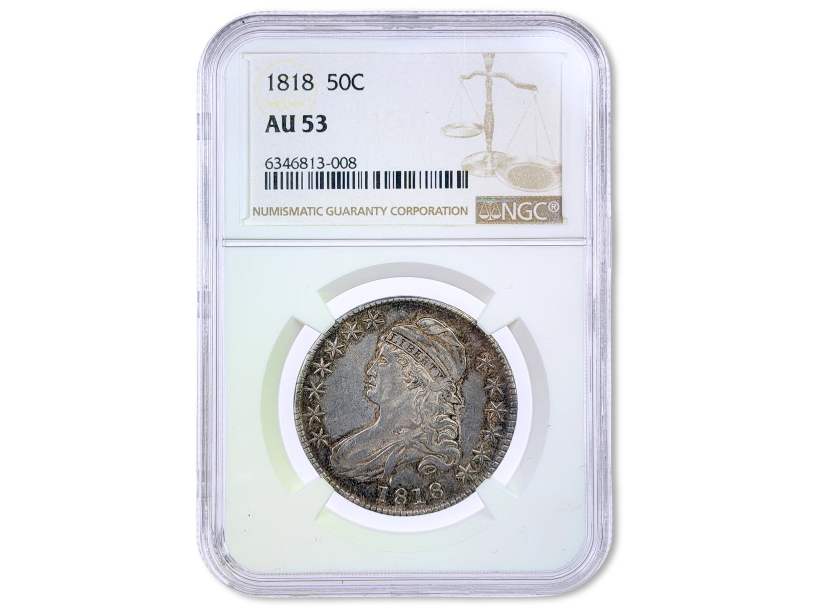 1818 Capped Bust Half Dollar NGC AU53: 1818 Capped Bust half dollar graded NGC AU53. NGC certification #6346813-008. Shipping: Weiss Auctions offers full-service, in-house shipping for nearly all items in this auction. For a shipping quote