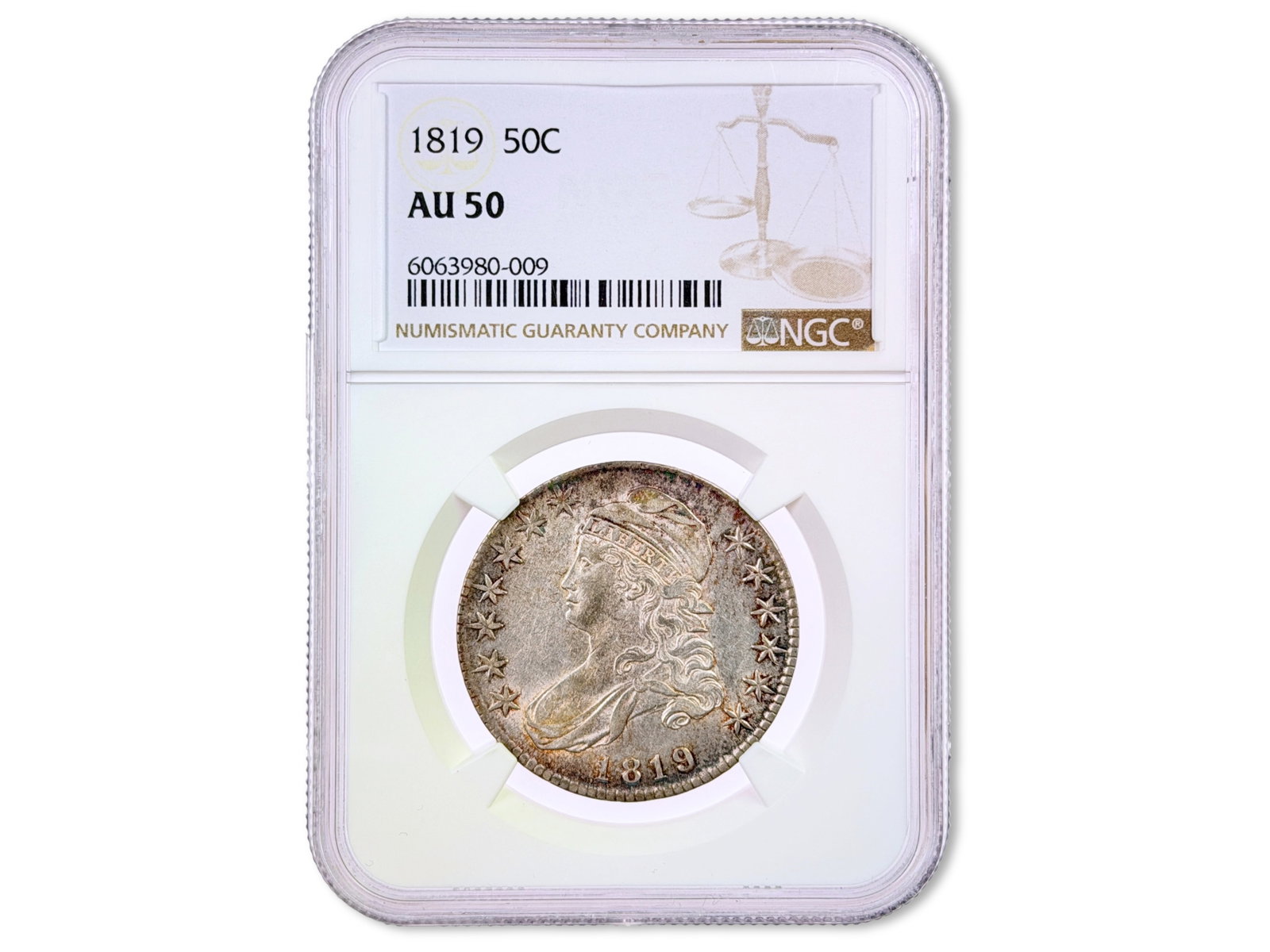 1819 Capped Bust Half Dollar NGC AU50: 1819 Capped Bust half dollar graded NGC AU50. NGC certification #6063980-009. Shipping: Weiss Auctions offers full-service, in-house shipping for nearly all items in this auction. For a shipping