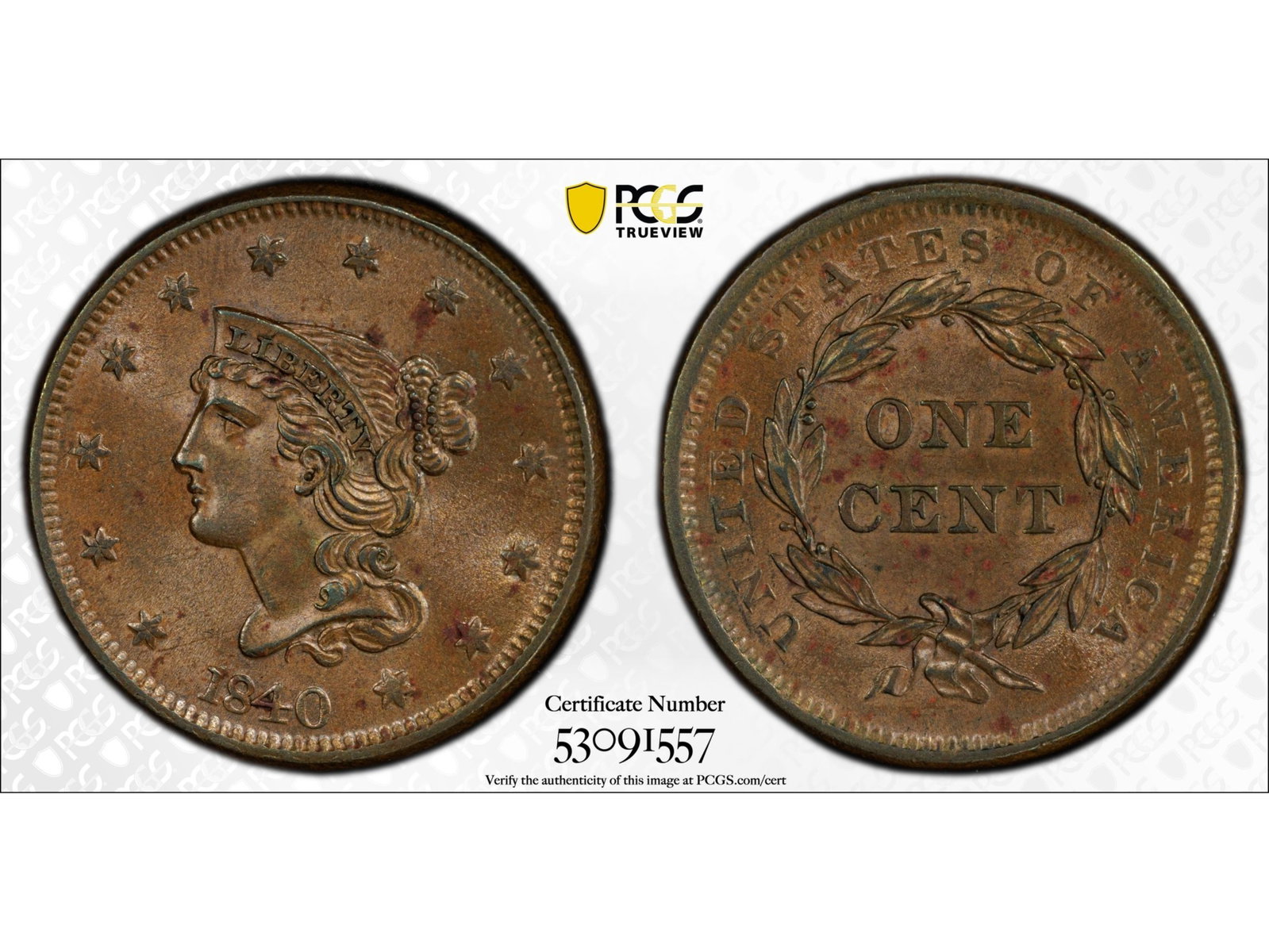 1840 Large Date Cent PCGS MS62BN: 1840 Braided Hair Large Cent, Large Date variety, graded PCGS MS62 Brown. Cert. #53091557. Shipping: Weiss Auctions offers full-service, in-house shipping for nearly all items in this auction. For a s