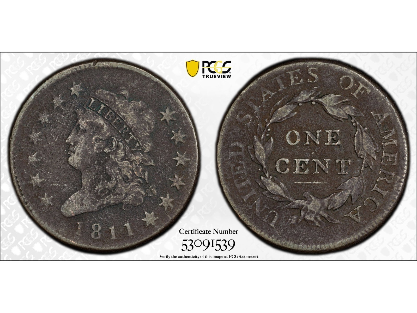 1811 Large Cent PCGS Genuine VF Details: 1811 Classic Head Large Cent, PCGS Genuine holder with Environmental Damage, VF Details. Cert. #53091539. Shipping: Weiss Auctions offers full-service, in-house shipping for nearly all items in this
