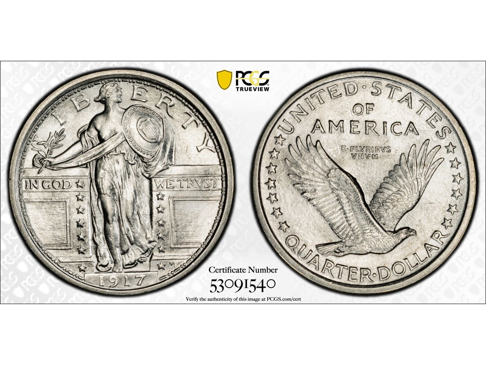 1917 Type 1 Standing Liberty Quarter PCGS MS63FH: 1917 Type 1 Standing Liberty Quarter, Full Head designation, certified PCGS MS63FH. Cert. #53091540. Shipping: Weiss Auctions offers full-service, in-house shipping for nearly all items in this