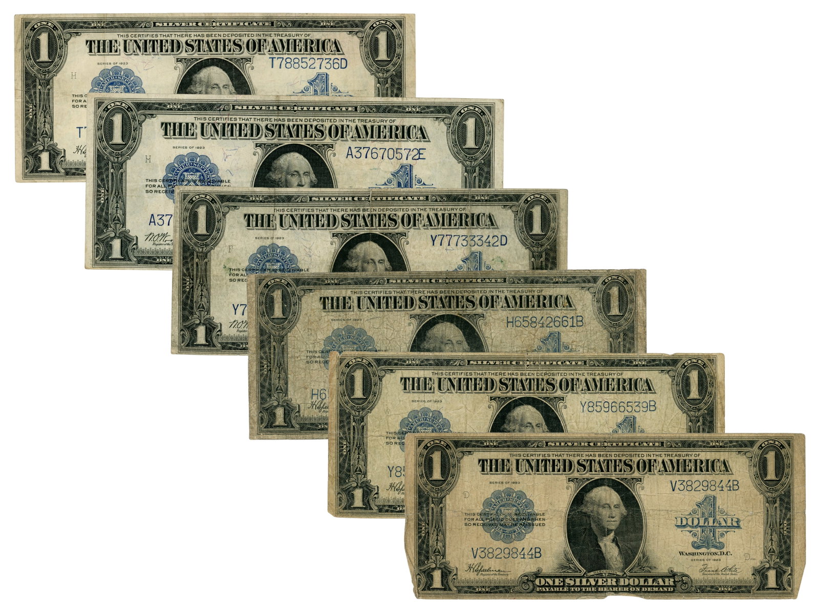 Fr. 237 & 238 $1 Silver Certificates: Collection of 6 notes including 4 Fr. 237 1923 $1 Silver Certificates and 2 Fr. 238 1923 $1 Silver Certificates. Ungraded. See images for condition. Shipping: Weiss Auctions offers full-service,