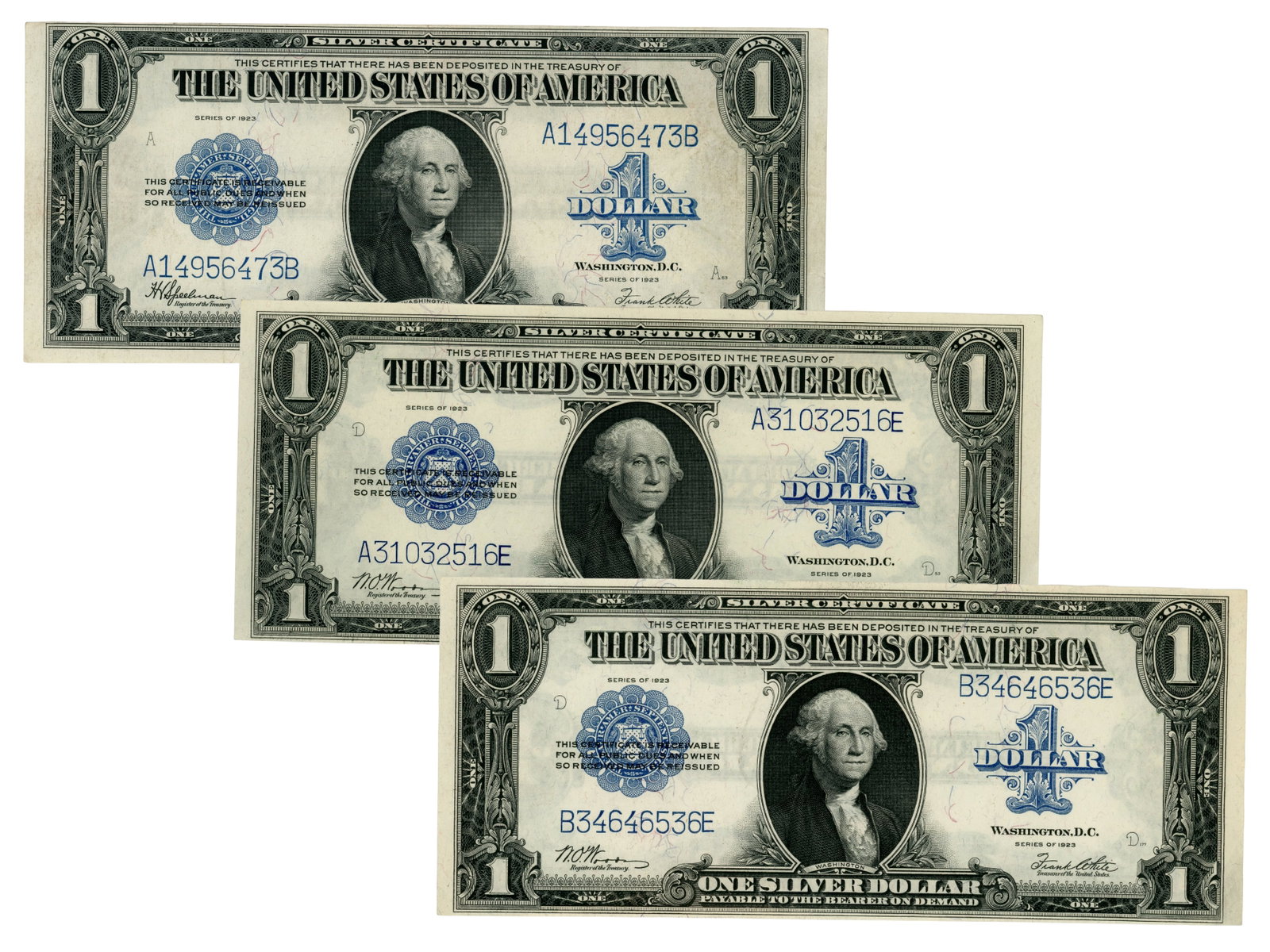 Fr. 237 & 238 $1 Silver Certificates: Collection including 1 Fr. 237 1923 $1 Silver Certificate and 2 Fr. 238 1923 $1 Silver Certificates. Ungraded. See images for condition. Shipping: Weiss Auctions offers full-service, in-house