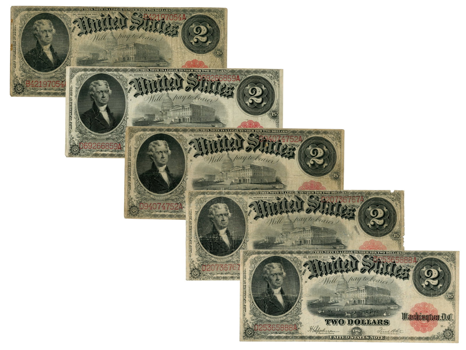 Fr. 59 & 60 $2 Legal Tender Notes: Collection including 1 Fr. 59 1917 $2 Legal Tender Note and 4 Fr. 60 1917 $2 Legal Tender Notes. Ungraded. See images for condition. Shipping: Weiss Auctions offers full-service, in-house shipping