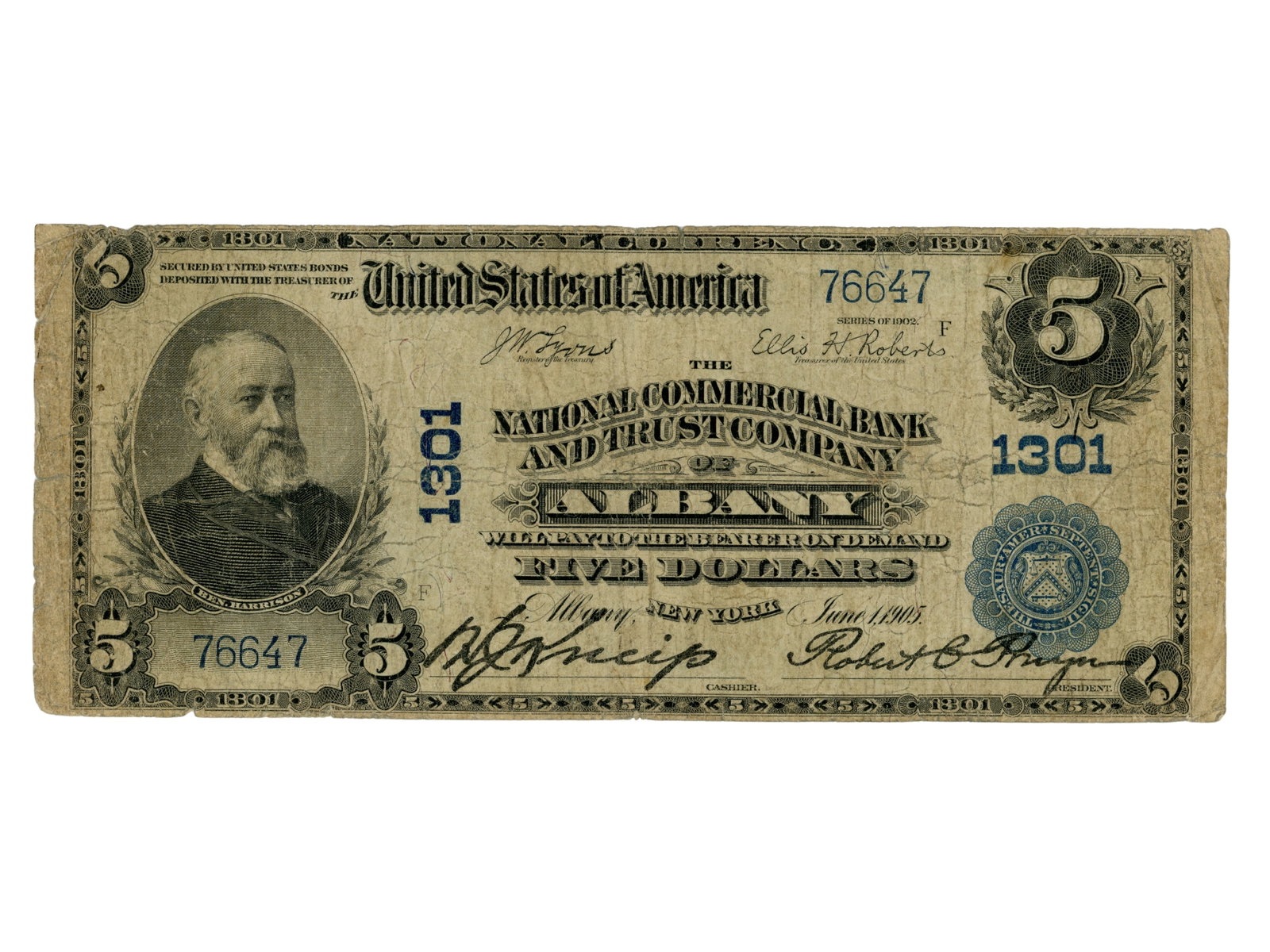Fr. 598 Albany NY $5 National Currency: Fr. 598 $5 National Currency note from The National Commercial Bank and Trust Company of Albany, New York. Ungraded. See images for condition. Shipping: Weiss Auctions offers full-service, in-house