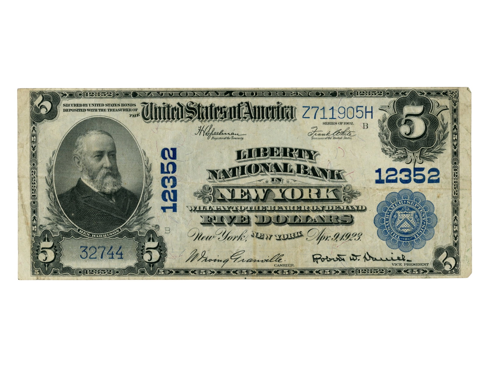 Fr. 609 New York $5 National Currency: Fr. 609 $5 National Currency note from Liberty National Bank of New York. Ungraded. See images for condition. Shipping: Weiss Auctions offers full-service, in-house shipping for nearly all items in