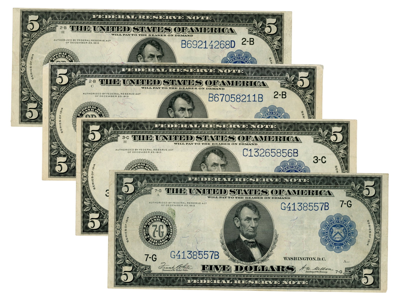 (4) $5 Federal Reserve Notes: 4 $5 Federal Reserve Notes including (2) Fr. 851A notes, (1) Fr. 855C note, and (1) Fr. 871A note. Ungraded. See images for condition. Shipping: Weiss Auctions offers full-service, in-house shipping