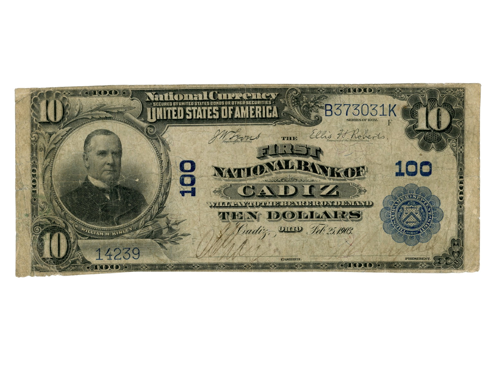 Fr. 616 Cadiz OH $10 National Currency: Fr. 616 1902 $10 National Currency note from The First National Bank of Cadiz, Ohio. Ungraded. See images for condition. Shipping: Weiss Auctions offers full-service, in-house shipping for nearly all