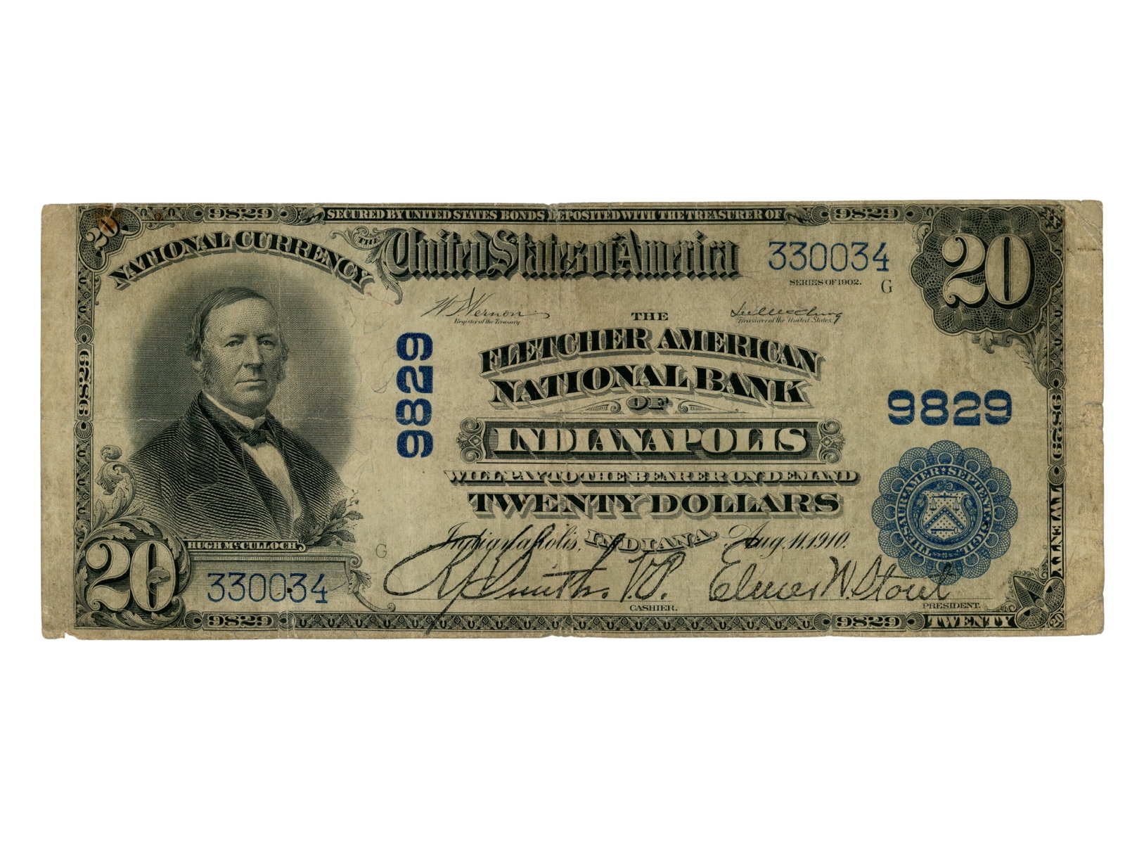 Fr. 653 Indianapolis IN $20 National: Fr. 653 $20 National Currency note from Fletcher American National Bank of Indianapolis, Indiana. Ungraded. See images for condition. Shipping: Weiss Auctions offers full-service, in-house shipping fo