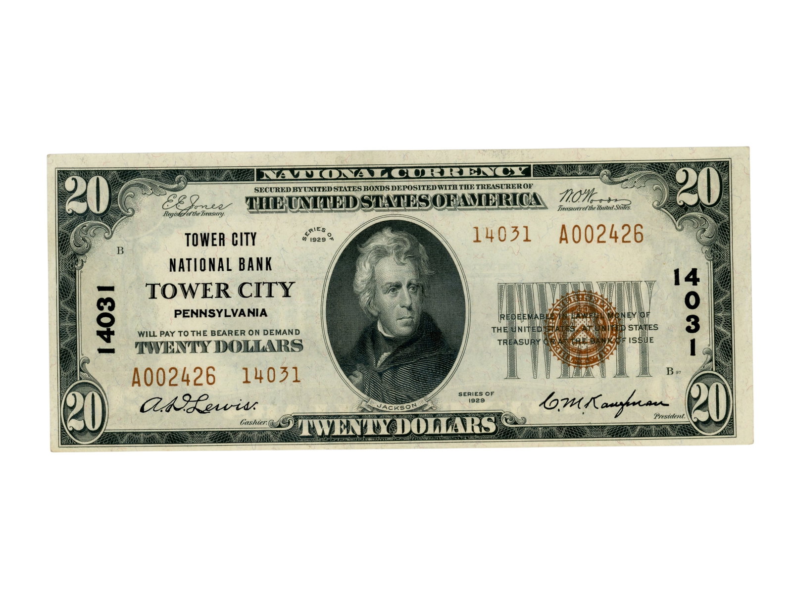 Fr. 1802-2 Tower City PA National: Fr. 1802-2 S-2140 $20 National Currency note from Tower City National Bank of Tower City, Pennsylvania. Ungraded. See images for condition. Shipping: Weiss Auctions offers full-service, in-house