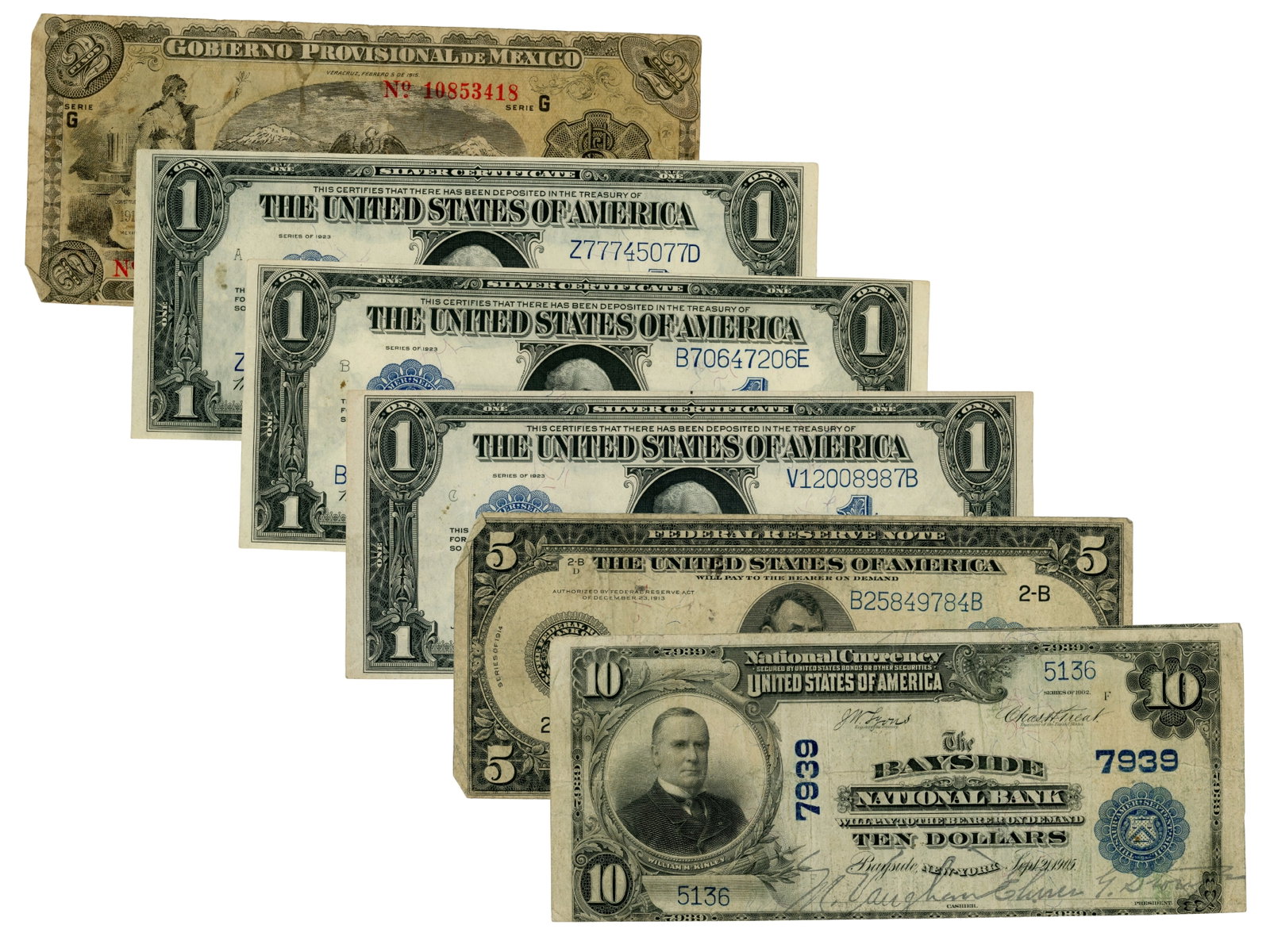 Estate Currency Lot: Estate currency lot including Fr. 614 $10 National Currency note from Bayside National Bank, Fr. 237 $1 Silver Certificate, (2) Fr. 238 $1 Silver Certificates, Fr. 238 $5 Federal Reserve Note from New