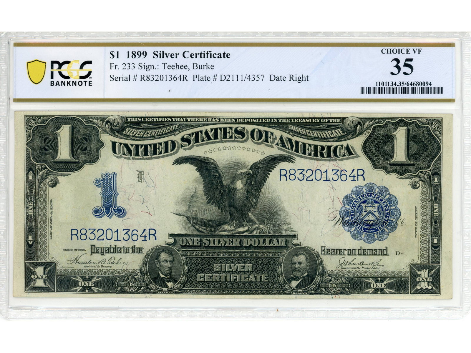 Fr. 233 $1 1899 Silver Certificate PCGS Ch VF 35: Fr. 233 $1 1899 Silver Certificate PCGS Banknote Choice Very Fine 35 #64680094. Shipping: Weiss Auctions offers full-service, in-house shipping for nearly all items in this auction. For a shipping