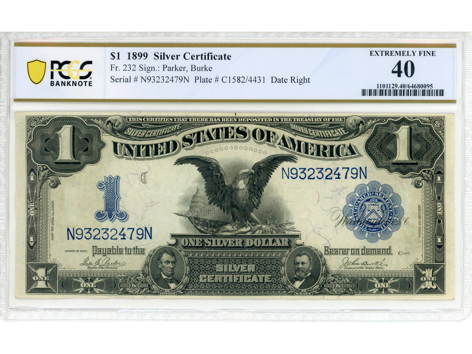 Fr. 232 $1 1899 Silver Certificate PCGS XF 40: Fr. 232 $1 1899 Silver Certificate PCGS Banknote Extremely Fine 40 #64680095. Shipping: Weiss Auctions offers full-service, in-house shipping for nearly all items in this auction. For a shipping