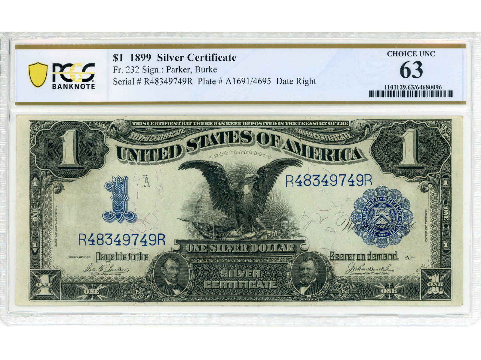 Fr. 232 $1 1899 Silver Certificate PCGS Ch Unc 63 (1 of 2)