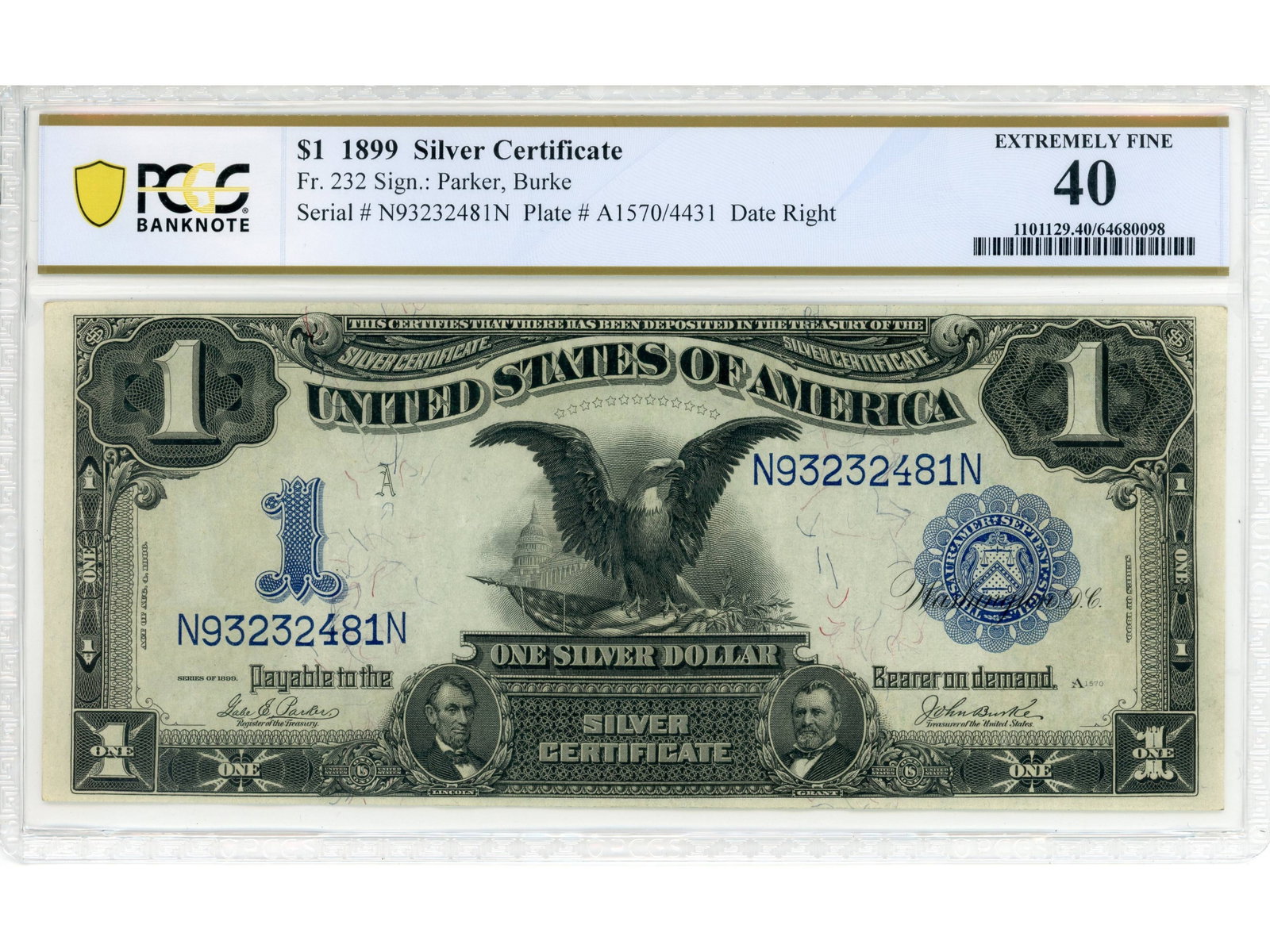 Fr. 232 $1 1899 Silver Certificate PCGS XF 40: Fr. 232 $1 1899 Silver Certificate PCGS Banknote Extremely Fine 40 #64680098. Shipping: Weiss Auctions offers full-service, in-house shipping for nearly all items in this auction. For a shipping