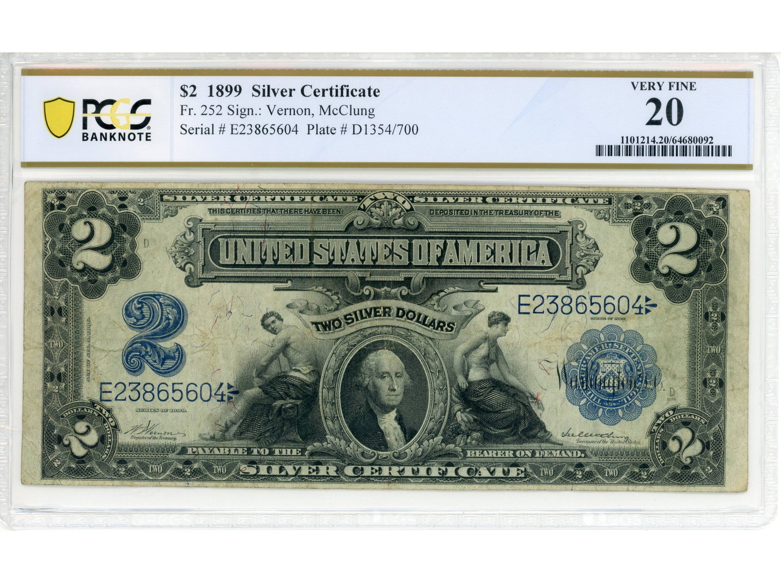 Fr. 252 $2 1899 Silver Certificate PCGS VF 20: Fr. 252 $2 1899 Silver Certificate PCGS Banknote Very Fine 20 #64680092. Shipping: Weiss Auctions offers full-service, in-house shipping for nearly all items in this auction. For a shipping quote,