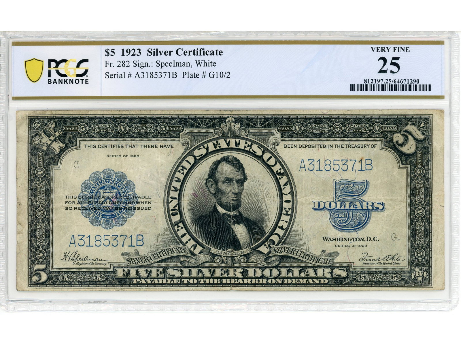 Fr. 282 $5 1923 Silver Certificate PCGS VF 25: Fr. 282 $5 1923 Silver Certificate PCGS Banknote Very Fine 25 #64671290. Shipping: Weiss Auctions offers full-service, in-house shipping for nearly all items in this auction. For a shipping quote, ple