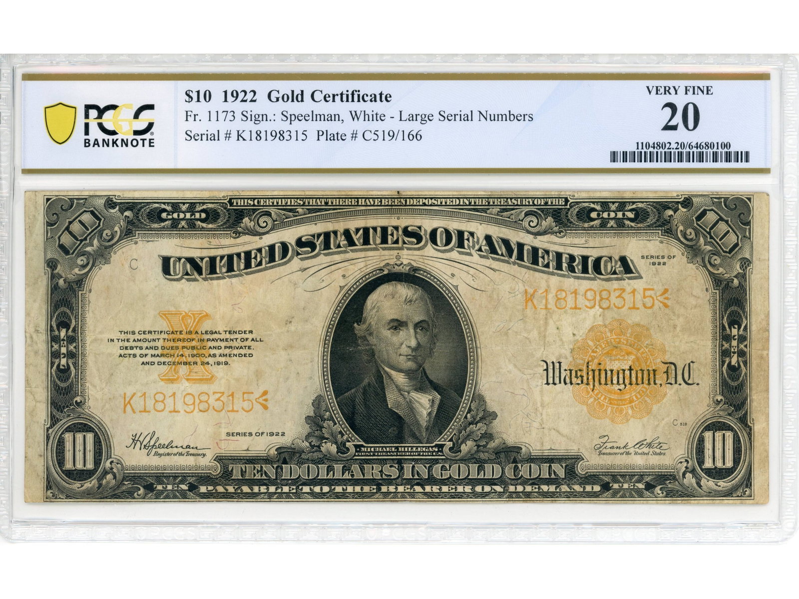Fr. 1173 $10 1922 Gold Certificate PCGS VF 20: Fr. 1173 $10 1922 Gold Certificate PCGS Banknote Very Fine 20 #64680100. Shipping: Weiss Auctions offers full-service, in-house shipping for nearly all items in this auction. For a shipping quote,