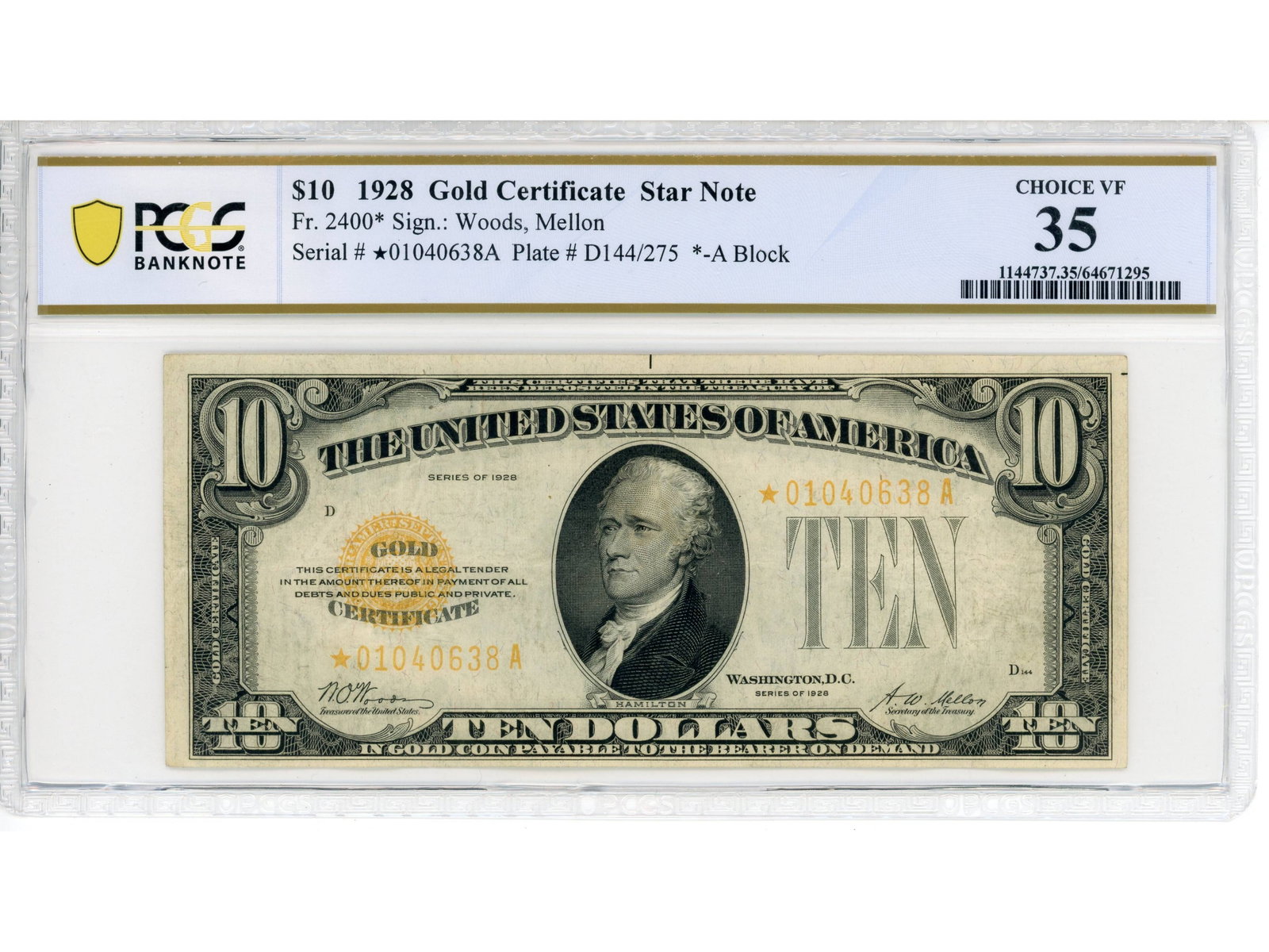 Fr. 2400* $10 1928 Gold Cert Star PCGS Ch VF 35: Fr. 2400* $10 1928 Gold Certificate Star Note PCGS Banknote Choice Very Fine 35 #64671295. Shipping: Weiss Auctions offers full-service, in-house shipping for nearly all items in this auction. For a