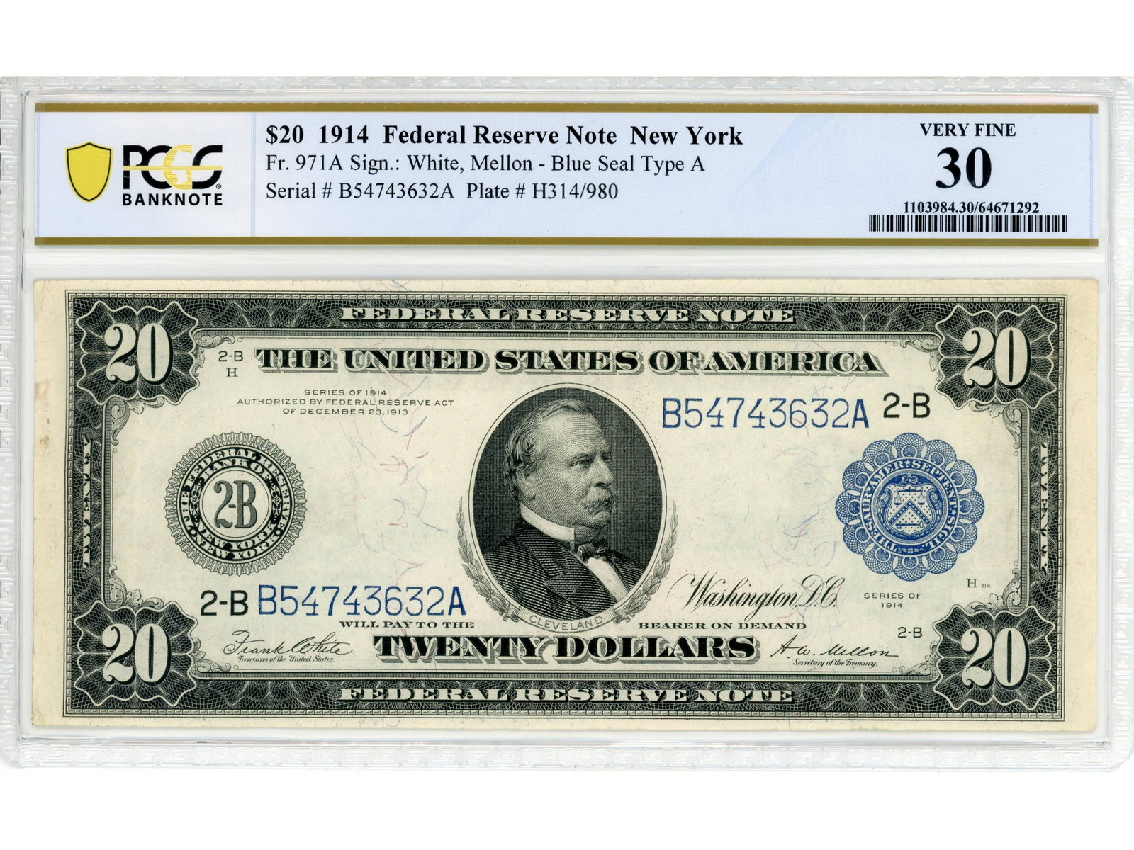 Fr. 971A $20 1914 Fed Reserve New York PCGS VF 30: Fr. 971A $20 1914 Federal Reserve Note New York PCGS Banknote Very Fine 30 #64671292. Shipping: Weiss Auctions offers full-service, in-house shipping for nearly all items in this auction. For a shippi