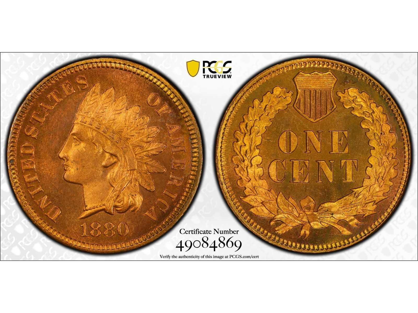 1880 1C Proof Graded PCGS PR64RD: 1880 Indian Head one cent Proof graded PCGS PR64RD. PCGS #49084869. Shipping: Weiss Auctions offers full-service, in-house shipping for nearly all items in this auction. For a shipping quote, please c
