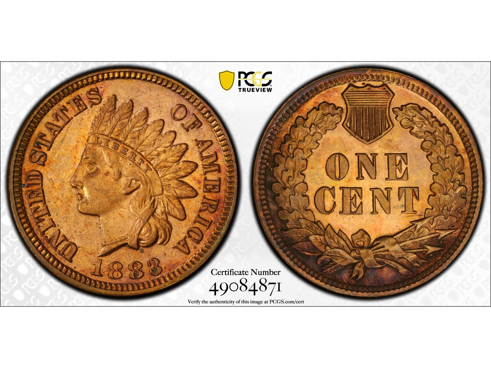 1883 1C Proof Graded PCGS PR64RB: 1883 Indian Head one cent Proof graded PCGS PR64RB. PCGS #49084871. Shipping: Weiss Auctions offers full-service, in-house shipping for nearly all items in this auction. For a shipping quote, please c