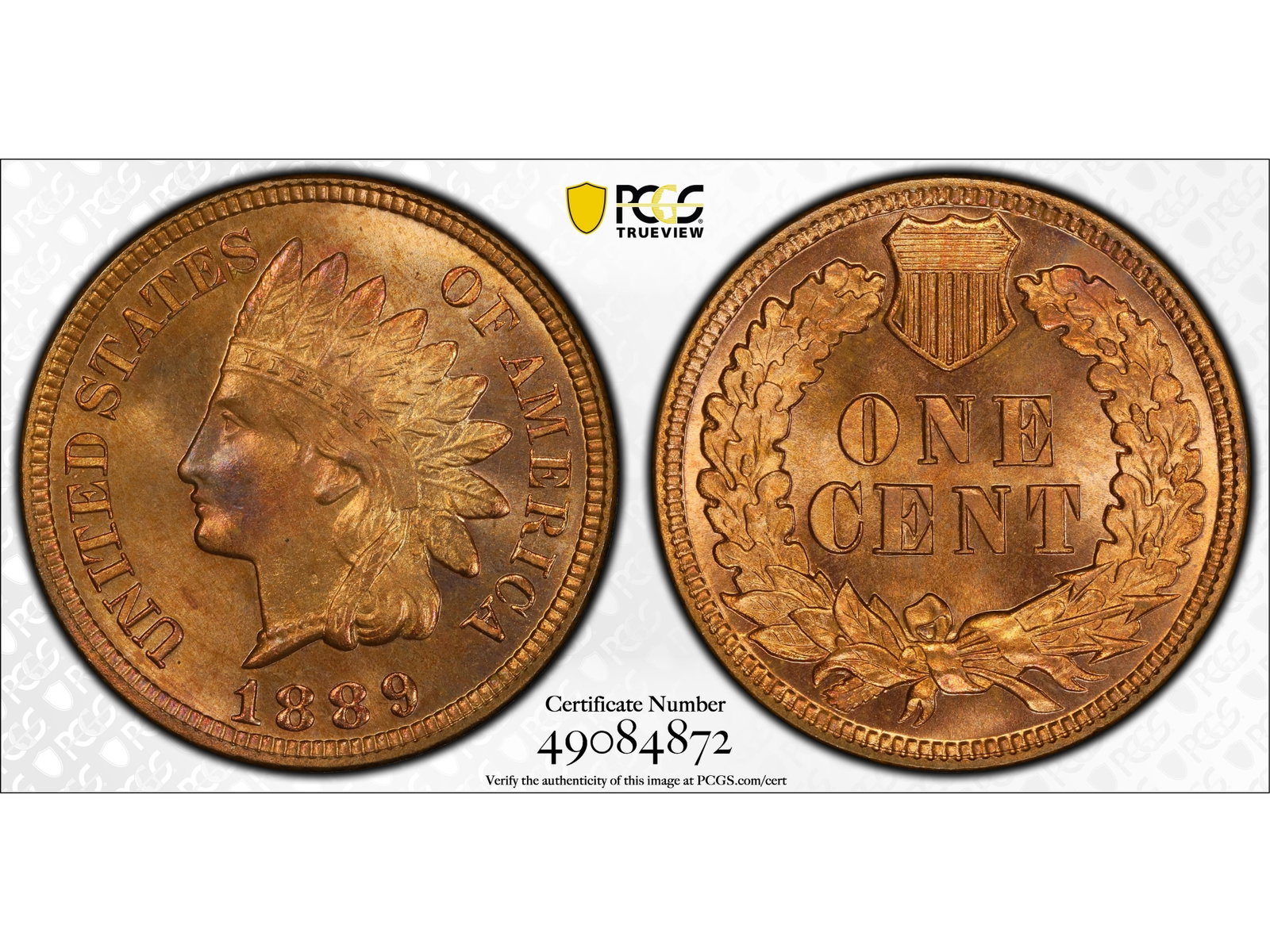 1889 1C Proof Graded PCGS PR64RB: 1889 Indian Head one cent Proof graded PCGS PR64RB. PCGS #49084872. Shipping: Weiss Auctions offers full-service, in-house shipping for nearly all items in this auction. For a shipping quote, please