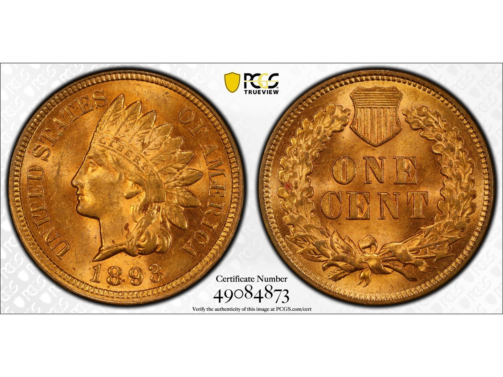 1893 1C Graded PCGS MS63RD: 1893 Indian Head one cent graded PCGS MS63RD. PCGS #49084873. Shipping: Weiss Auctions offers full-service, in-house shipping for nearly all items in this auction. For a shipping quote, please contact