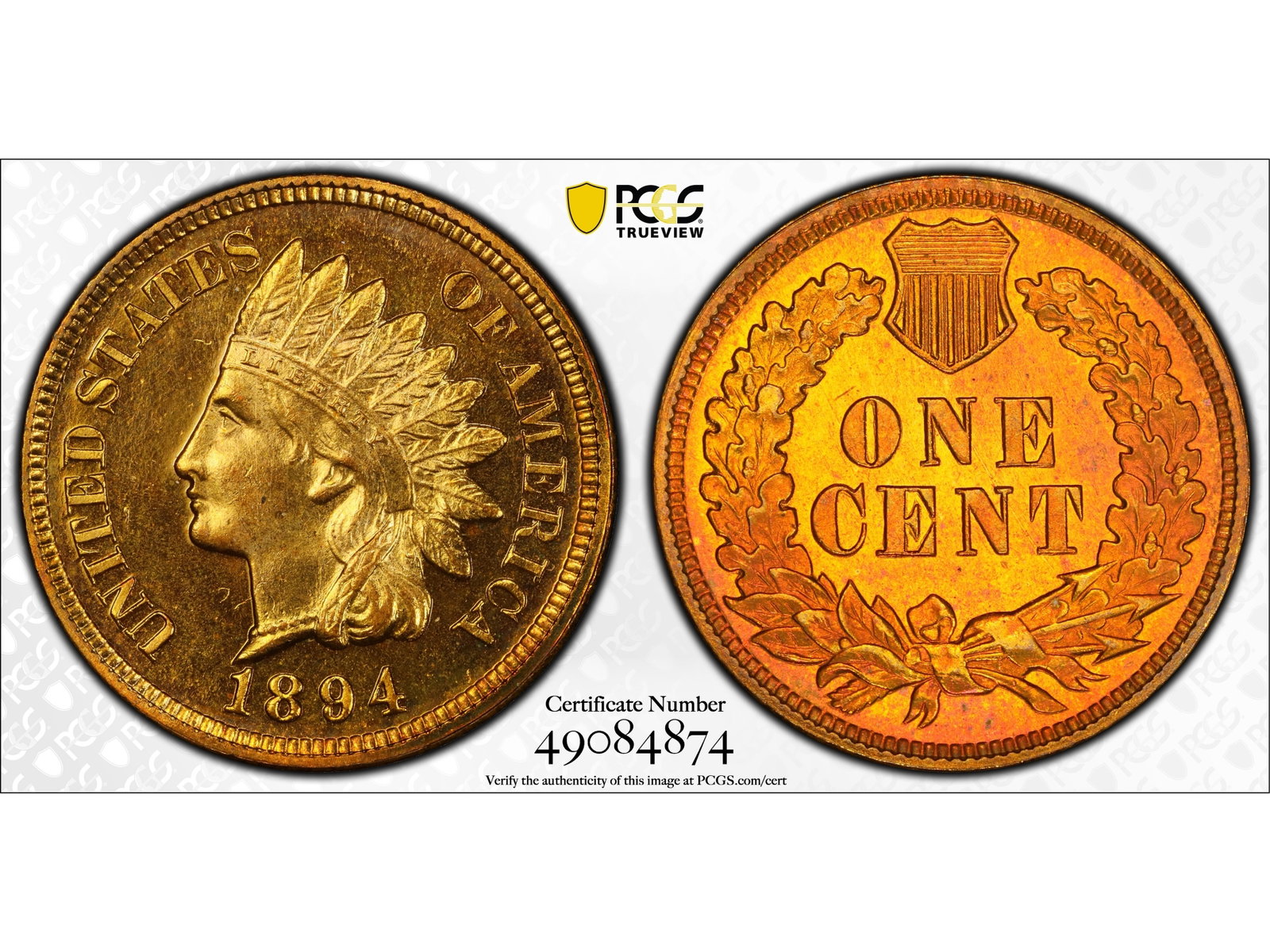 1894 1C Proof Graded PCGS PR64RB: 1894 Indian Head one cent Proof graded PCGS PR64RB. PCGS #49084874. Shipping: Weiss Auctions offers full-service, in-house shipping for nearly all items in this auction. For a shipping quote, please c