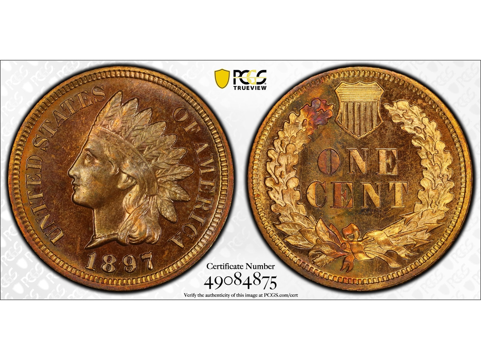 1897 1C Proof Graded PCGS PR64RB: 1897 Indian Head one cent Proof graded PCGS PR64RB. PCGS #49084875. Shipping: Weiss Auctions offers full-service, in-house shipping for nearly all items in this auction. For a shipping quote, please