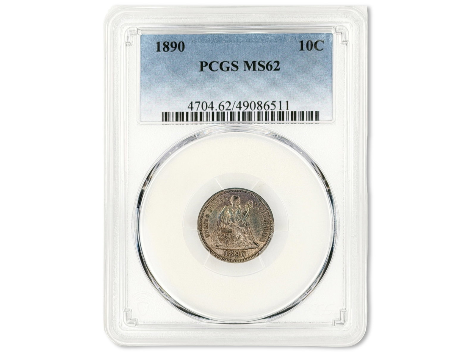 1890 10C Graded PCGS MS62: 1890 Seated Liberty dime graded PCGS MS62. PCGS #49086511. Shipping: Weiss Auctions offers full-service, in-house shipping for nearly all items in this auction. For a shipping quote, please contact us
