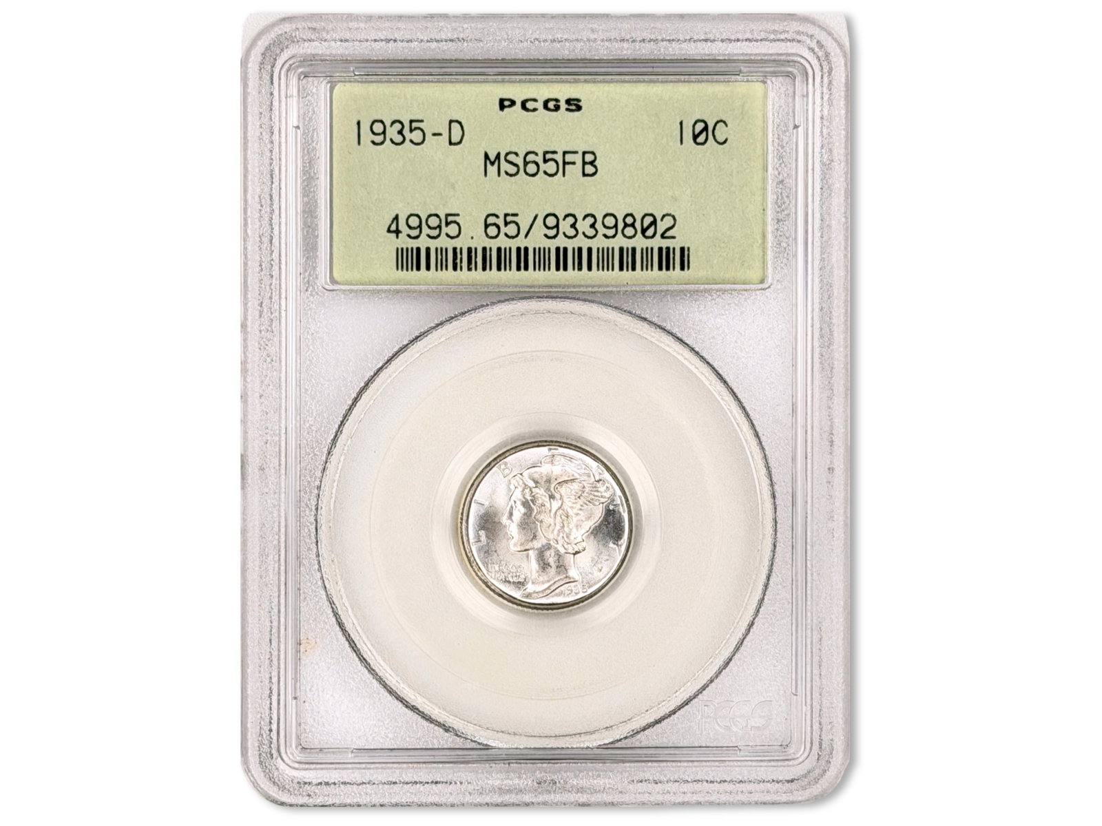 1935-D 10C Graded PCGS MS65FB: 1935-D Full Bands Mercury dime graded PCGS MS65FB. PCGS #9339802. Shipping: Weiss Auctions offers full-service, in-house shipping for nearly all items in this auction. For a shipping quote, please con