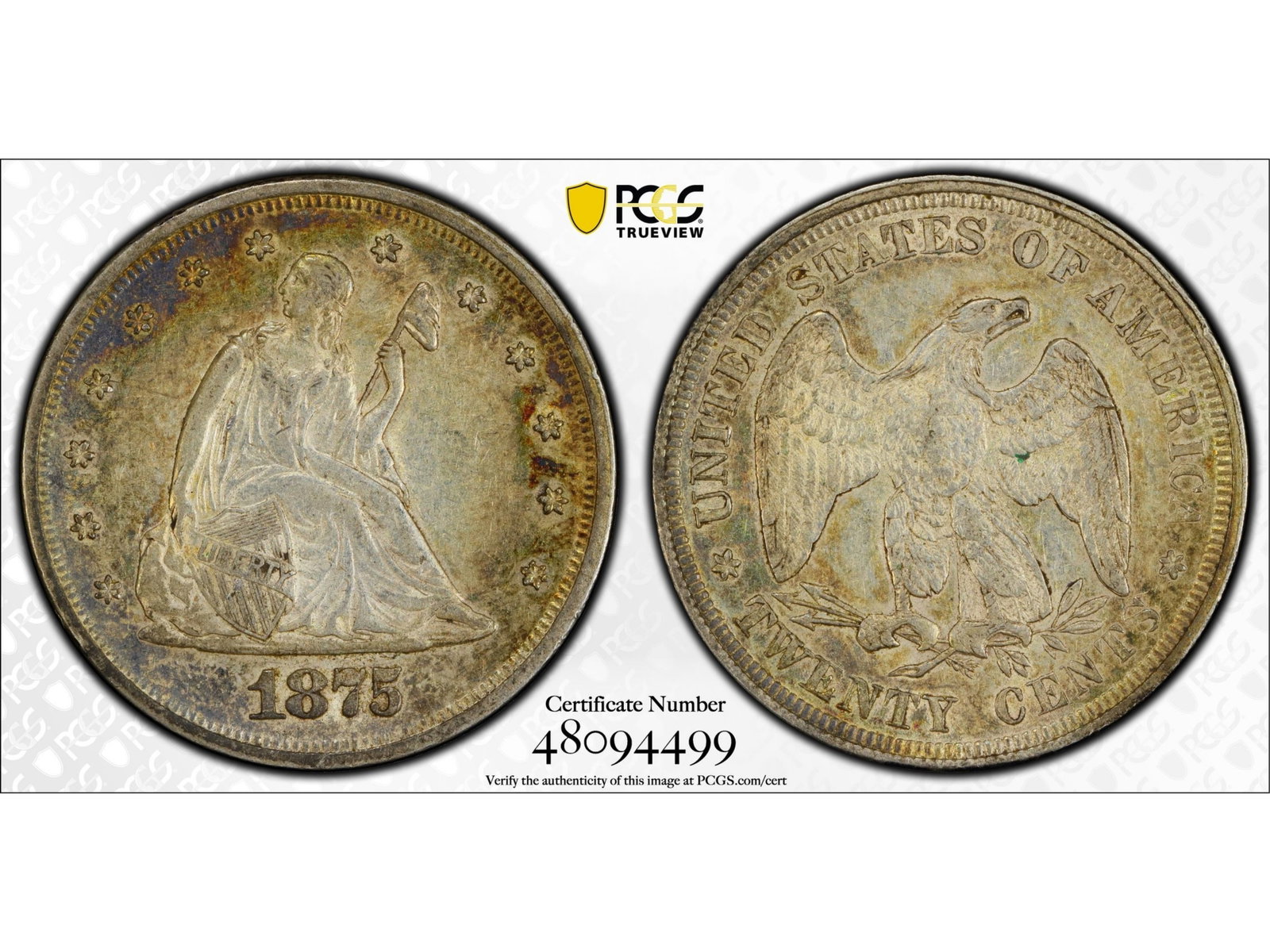1875 20C Graded PCGS AU55: 1875 Twenty Cent piece graded PCGS AU55. PCGS #48094499. Shipping: Weiss Auctions offers full-service, in-house shipping for nearly all items in this auction. For a shipping quote, please contact us p