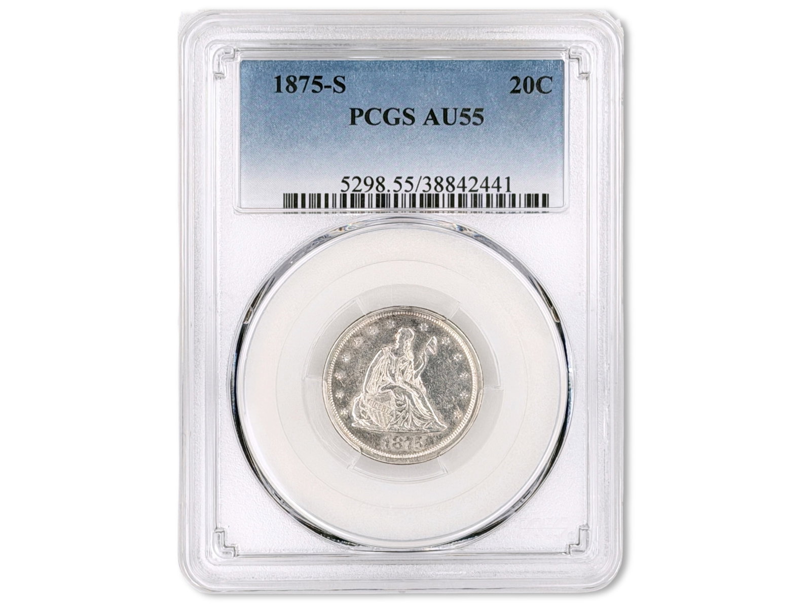 1875-S 20C Graded PCGS AU55: 1875-S Twenty Cent piece graded PCGS AU55. PCGS #38842441. Shipping: Weiss Auctions offers full-service, in-house shipping for nearly all items in this auction. For a shipping quote, please contact us