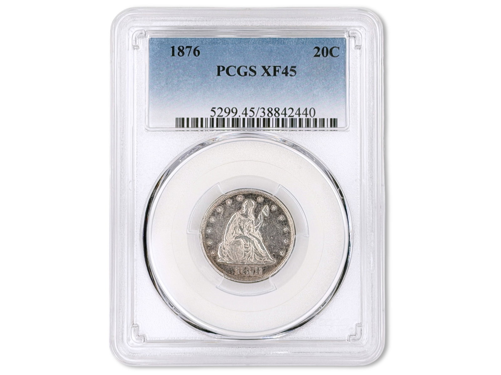 1876 20C Graded PCGS XF45: 1876 Twenty Cent piece graded PCGS XF45. PCGS #38842440. Shipping: Weiss Auctions offers full-service, in-house shipping for nearly all items in this auction. For a shipping quote, please contact us p