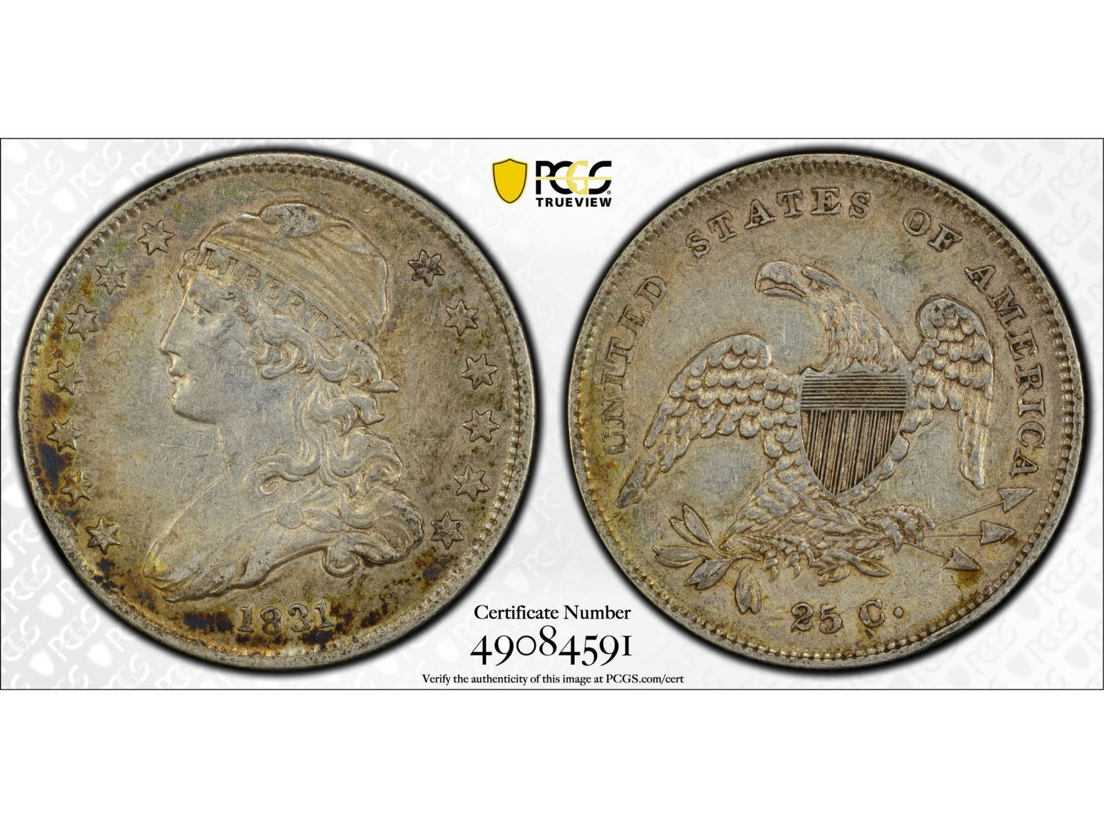 1831 25C Small Letters Graded PCGS XF45: 1831 Capped Bust quarter (Small Letters) graded PCGS XF45. PCGS #49084591. Shipping: Weiss Auctions offers full-service, in-house shipping for nearly all items in this auction. For a shipping quote, p