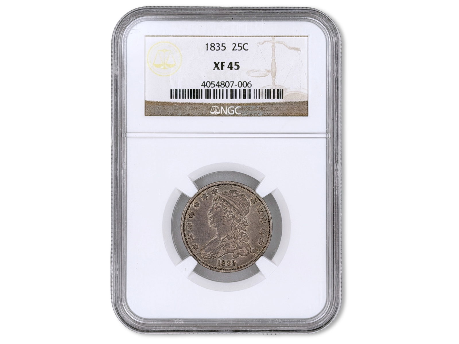 1835 25C Graded NGC XF45: 1835 Capped Bust quarter graded NGC XF45. NGC #4054807-006. Shipping: Weiss Auctions offers full-service, in-house shipping for nearly all items in this auction. For a shipping quote, please contact u