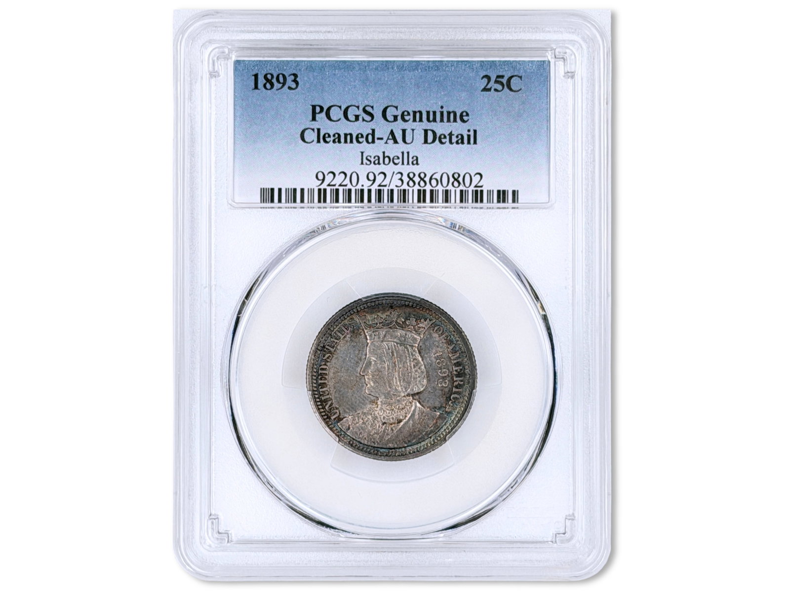 1893 Isabella Commemorative 25C PCGS AU Details: 1893 Isabella Commemorative Quarter, slabbed details PCGS Genuine - Cleaned, AU Detail. PCGS #38860802. Shipping: Weiss Auctions offers full-service, in-house shipping for nearly all items in this auc