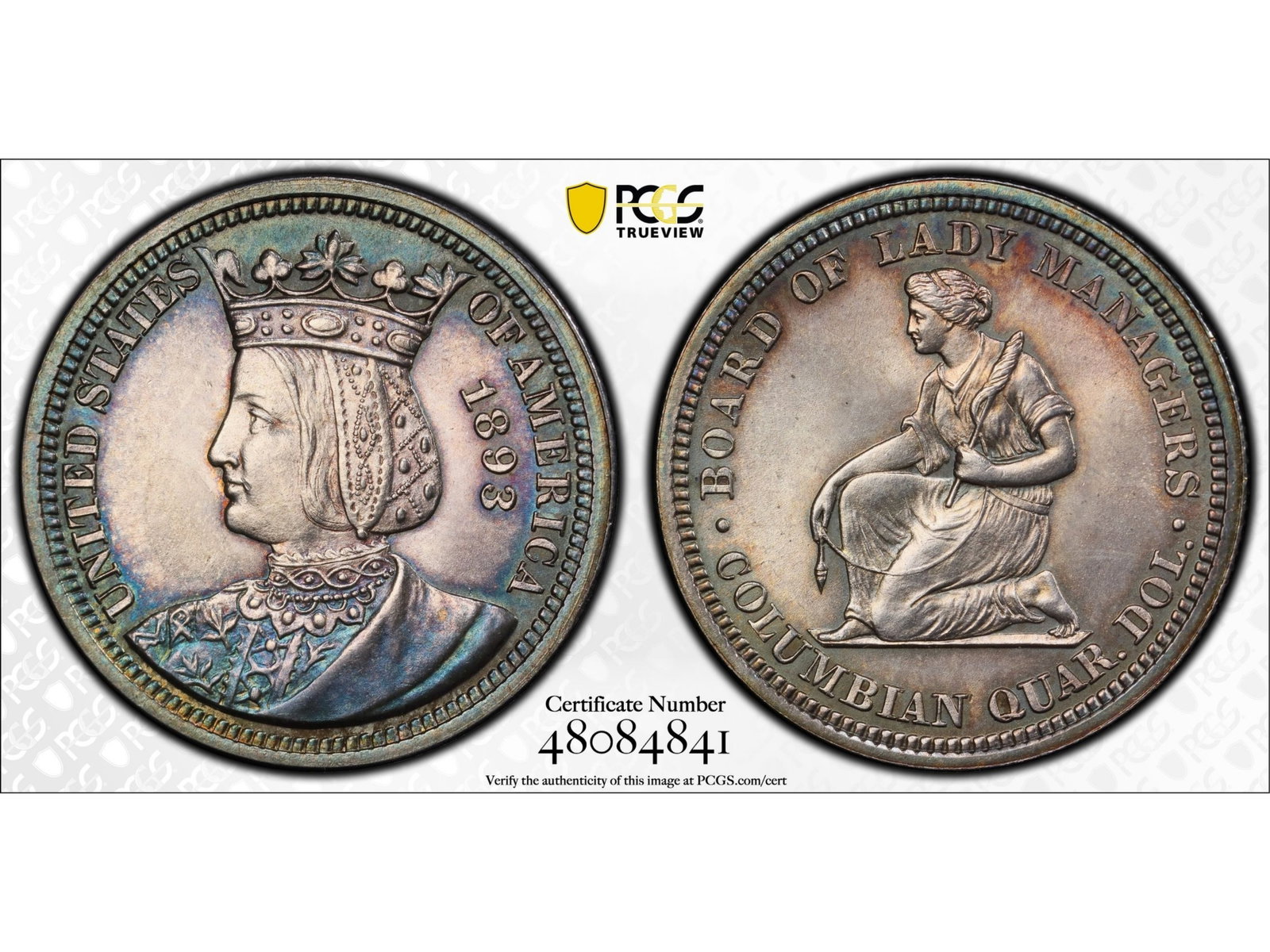 1893 Isabella Commemorative 25C PCGS MS64: 1893 Isabella Commemorative Quarter graded PCGS MS64. PCGS #48084841. Nicely toned. Shipping: Weiss Auctions offers full-service, in-house shipping for nearly all items in this auction. For a shipping