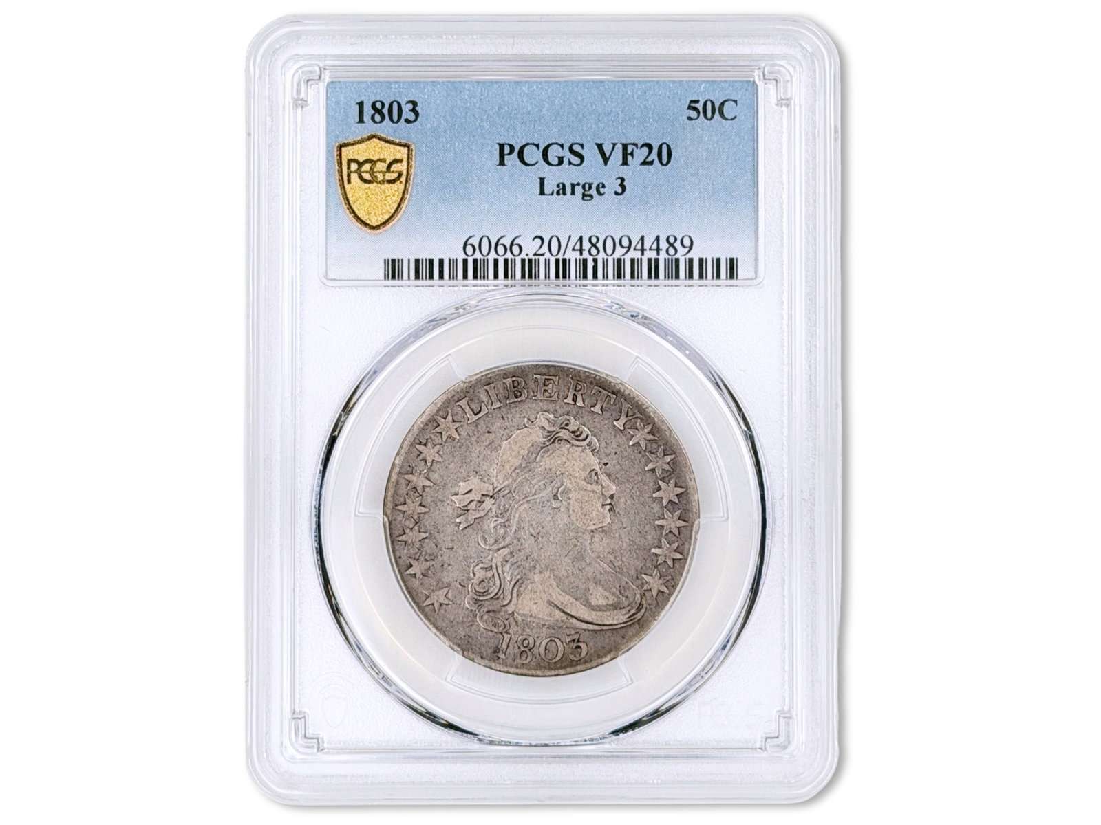 1803 50C Large 3 Graded PCGS VF20: 1803 Draped Bust half dollar (Large 3) graded PCGS VF20. PCGS #49094489. Shipping: Weiss Auctions offers full-service, in-house shipping for nearly all items in this auction. For a shipping quote, ple